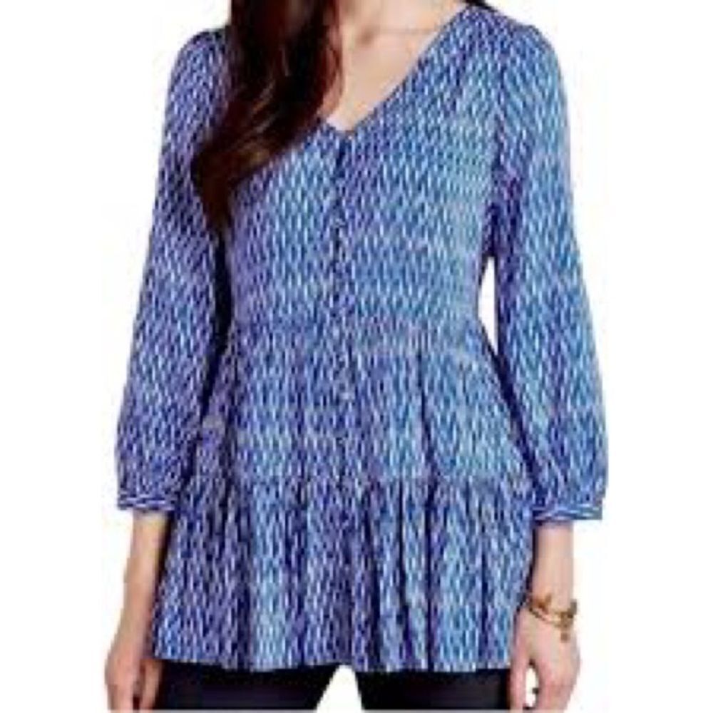 Maeve By Anthropology Lila Blue Tiered Blouse Buttons Pockets Romantic Boho SZ S